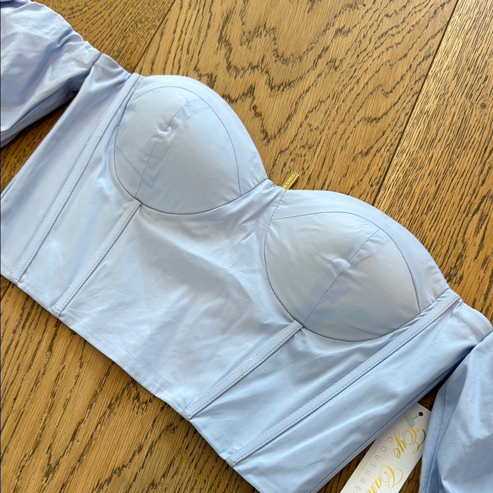 Light Blue Off-Shoulder Puff Sleeve Corset Top - Picture 2 of 6